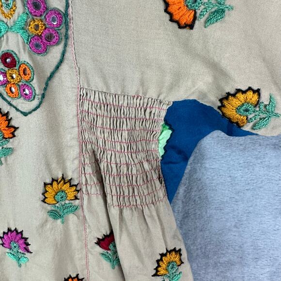 Generation Cottage Tunic Top Womens 8 Tan Embroidered Floral Smocked Modest Boho - Picture 7 of 16